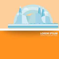 Naklejka premium Mountains, hills, clouds and rainbow flat design creative promot