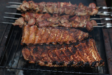 meat skewers on the barbecue coals