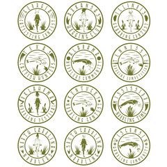 Noodling labels set . Catching catfish with hand vintage labels