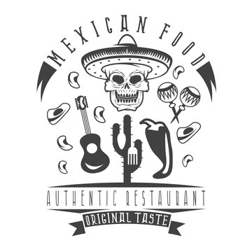 vector emblem of restaurant with skull in mexican sombrero