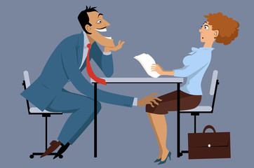 Sleazy businessman harassing a shocked female coworker, EPS8 vector illustration, no transparencies