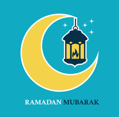 Yellow crescent and a hanging lamp. An Islamic Ramadan