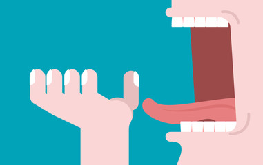Fototapeta premium Open mouth and hand. Illustration consumption. Preparation for m