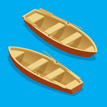 Rowing Boat Set. Wooden Boat With Paddles Isolated. Flat 3d Isometric Vector Illustration.