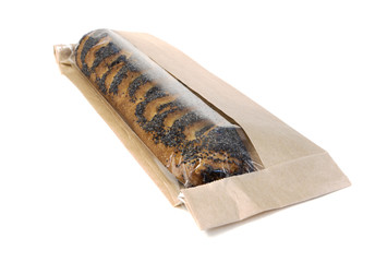 Baguette with poppy seeds on a white background.