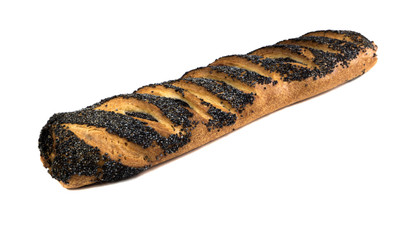 Baguette with poppy seeds on a white background.