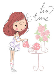 Little cute and sweet girl with tea