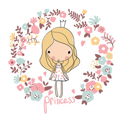 Fototapety  Cute small princess. Childish vector card in beautiful flowers.
