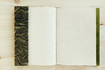 Presentation. Blank notebook. Natural sketchbook. Wood background. Background.