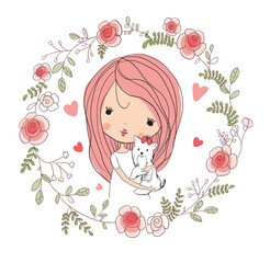 Cute girl with dog.  Childish vector card in beautiful flowers.