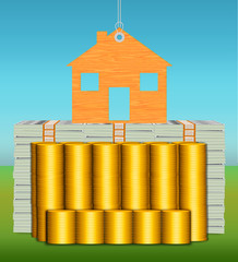 An illustration of a house on hang tag resting on stacks of cash and gold