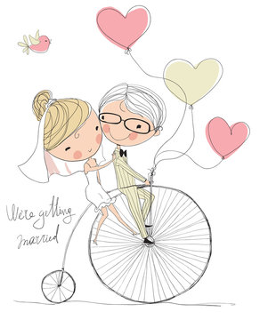 wedding picture, bride and groom ride bikes