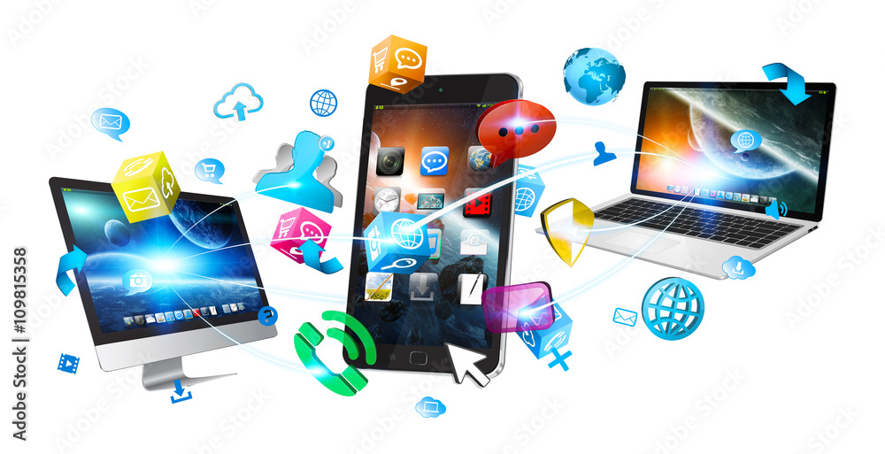 Poster Tech devices and icons applications connected to each other