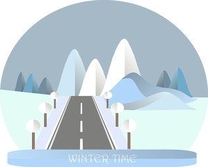 Series four seasons. Mountain landscape with road in winter time. Modern flat design, design element, vector