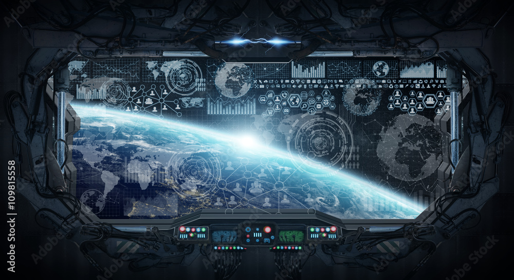 Poster view of planet earth from inside a space station