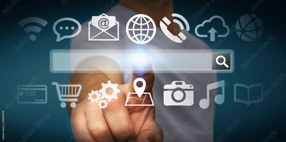 Sticker man surfing on internet with digital tactile web address bar
