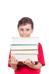 Education Concept - Happy smiling boy carrying heap of books Isolated on the White Background