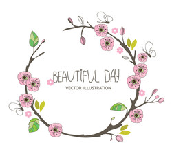  beautiful spring background with a pattern of branches with pink flowers, on a white background and the inscription beautiful day