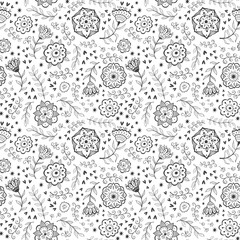 Seamless monochrome doodle flower pattern, vector.