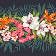 Vector tropical leaves and flowers seamless pattern. Hand painted illustration on black background. Frame border