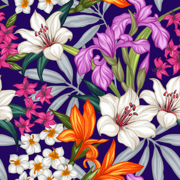 Seamless exotic pattern with tropical leaves and flowers. Blooming jungle. Vector illustration