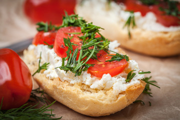 Delicious bruschetta with tomatoes, feta cheese, dill and spice