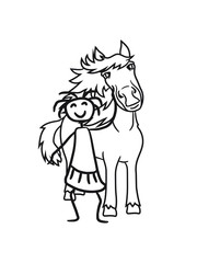 girl child girl stroking friends love beautiful pony stallion riding white comic cartoon