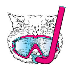 Funny cat in a mask for diving. Vector illustration.