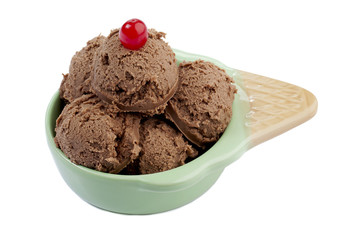 a scoop of chocolate ice cream with cherry topping
