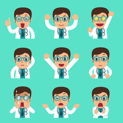 Cartoon male doctor faces showing different emotions