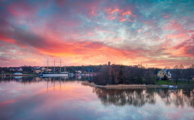 Åland Islands, Baltic Sea Pommern ship at beautiful sunset