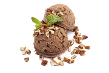 chocolate ice cream with nuts and mint leaves