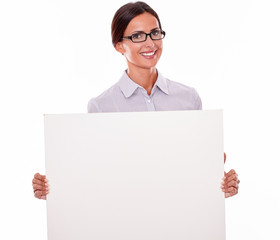 Smiling happy businesswoman with a placard