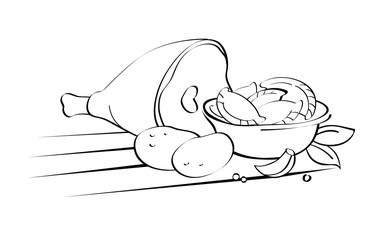 Graphic drawing of dumplings of pork with potatoes, painted calligraphic pen.