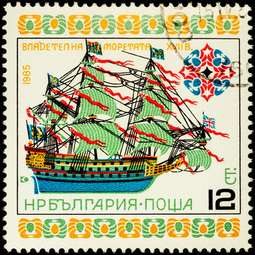 Ancient sailing ship "Ruler of the seas" on postage stamp