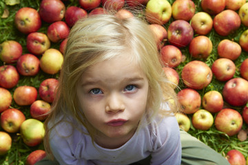 Fototapeta na wymiar Portrait of child blond little girl with pile of apples background lying on green grass lawn