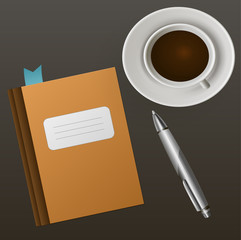 Записная книга блокнот ручка и чашка крепкого вкусного кофе 