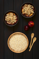 Rohe Haferflocken mit Pflaumen und Nektarinen Crumble (Gebackenes Obst mit Haferflockenstreusel), fotografiert mit natürlichem Licht