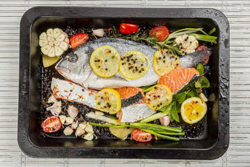 Fresh sea bream and salmon on dark  background