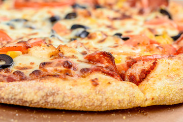 Italian Pizza With Mozzarella, Prosciutto, Tomatoes And Olives
