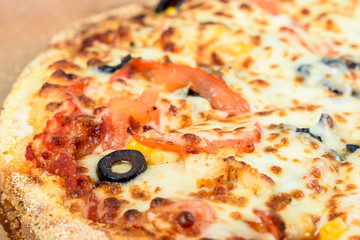 Italian Pizza With Mozzarella, Prosciutto, Tomatoes And Olives