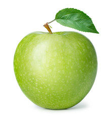 green apple with leaf isolated on white background