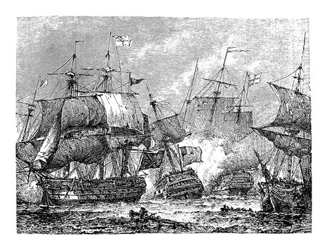Naval battle of Abukir,  in which Napoleon Bonaparte defeated the Ottoman army in 1799,  engraving middle ' 800