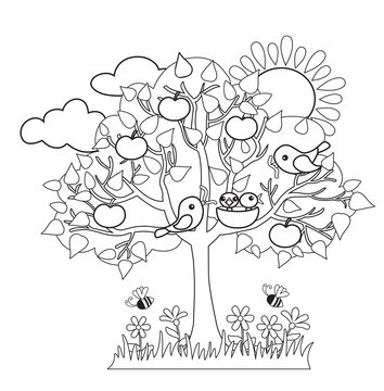 Spring tree, birds build nests, seasonal signs of spring.Vector illustration on white background. Coloring.