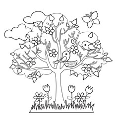Spring tree, birds build nests, seasonal signs of spring. Vector illustration. Coloring.