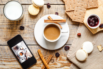 breakfast at home on wooden table with cup of  coffee