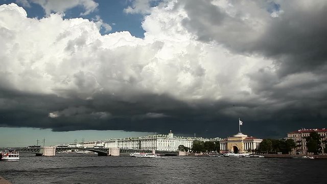 View from warter to the Hermitage with drmmatic clouds 