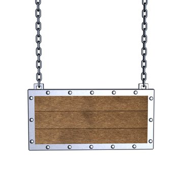 Blank cork signboard with metallic border hanging on chain.