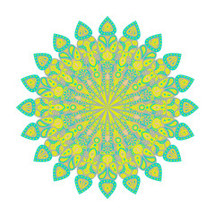 Round mandala. Arabic, Indian, Islamic, Ottoman ornament. Green and yellow floral pattern, motif isolated on white background. Vector illustration.