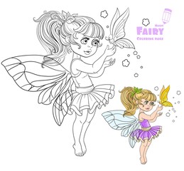 Fototapeta premium Sweet fairy in tutu holding a large butterfly on the finger col